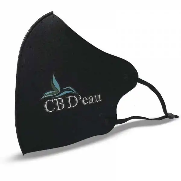 Masque facial noir ajustable avec logo CBD'eau en turquoise, protection respiratoire