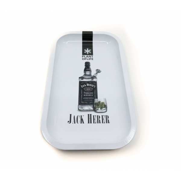 Plateau blanc Plant of Life avec bouteille de whisky Jack Herer et brin de cannabis