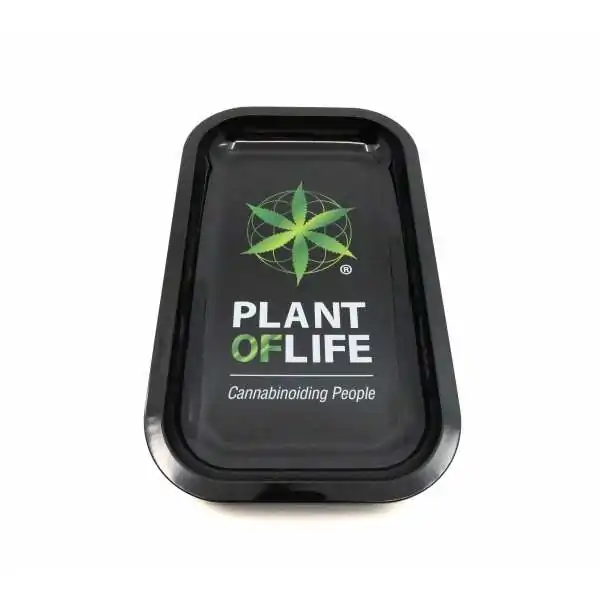 Plateau noir Plant of Life avec logo vert, slogan Cannabinoiding People pour accessoires cannabis