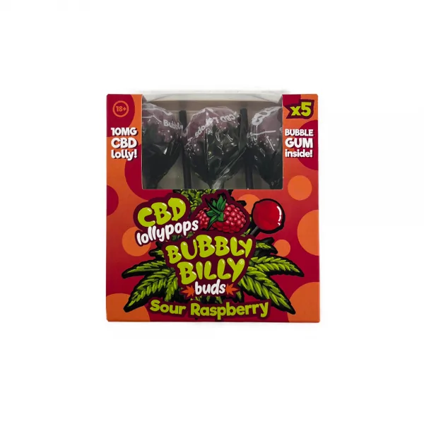 Sucettes CBD Bubbly Billy saveur framboise acide, boîte de 5, 10mg CBD par sucette