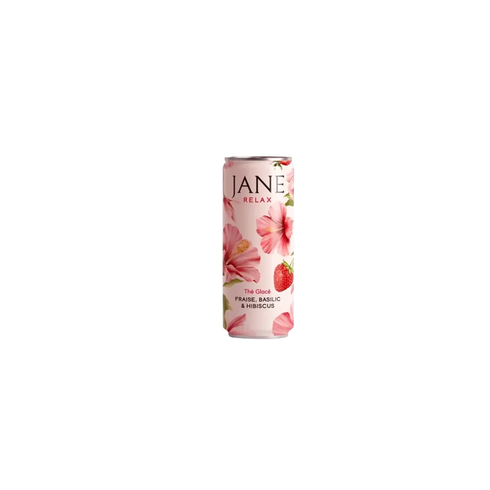 Canette Jane Relax, thé glacé fraise basilic hibiscus, design floral rose avec fraise