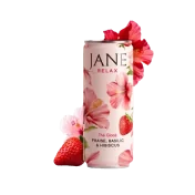 Thé CBD JANE Relax à l'hibiscus, fraise et basilic bio - Canette avec fleurs et fruits