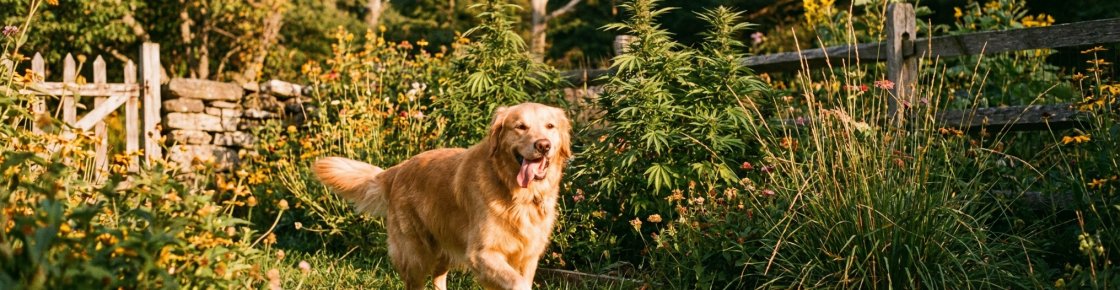Chien heureux dans un jardin avec des plantes de chanvre, illustrant les bienfaits du CBD pour chien