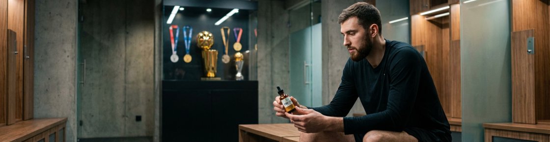 Athlète professionnel avec produit CBD en vestiaire