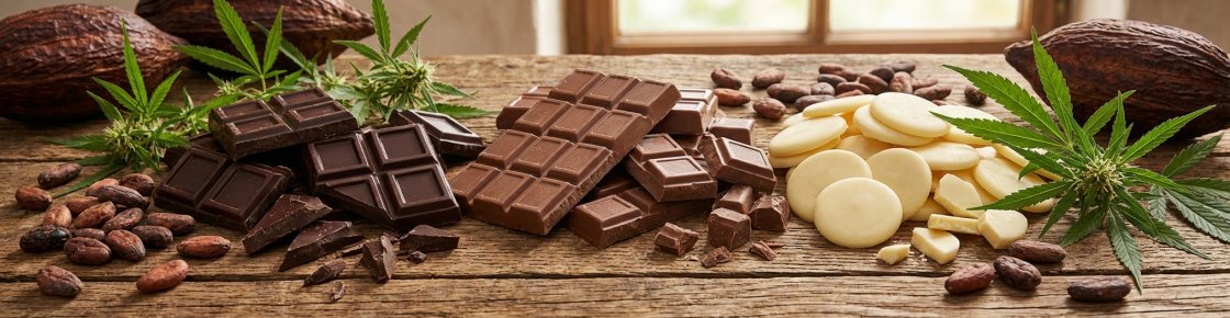 Trois types de chocolat CBD : noir, lait et blanc avec fèves de cacao et feuilles de chanvre