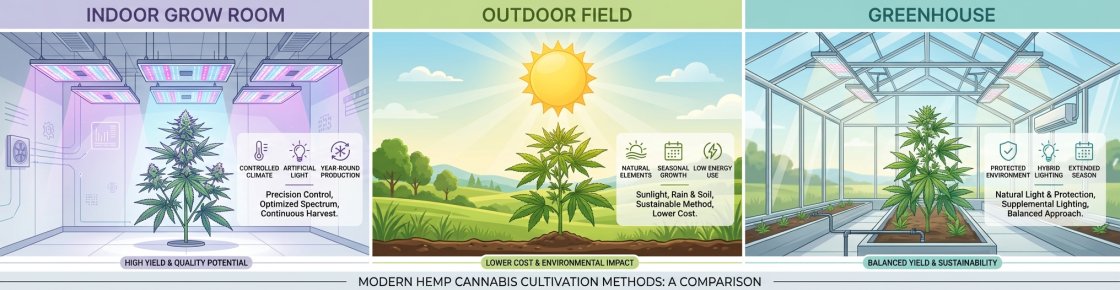 Tableau comparatif des trois modes de culture CBD indoor outdoor greenhouse