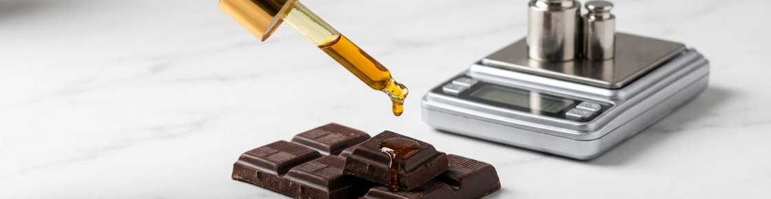 Dosage de CBD dans le chocolat : compte-gouttes d'huile CBD sur carrés de chocolat noir