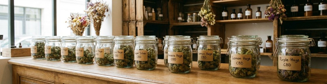 Sélection de fleurs Haze CBD dans des bocaux en verre, boutique CBD française