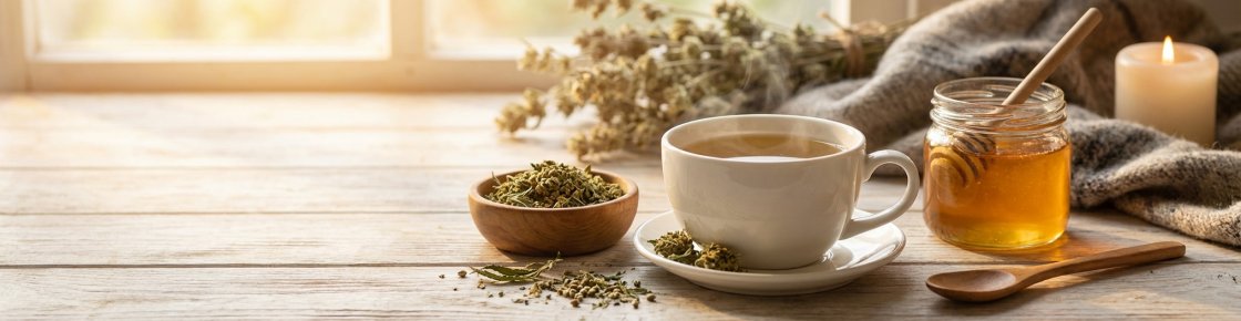 Tasse de tisane CBD fumante avec fleurs de chanvre et miel