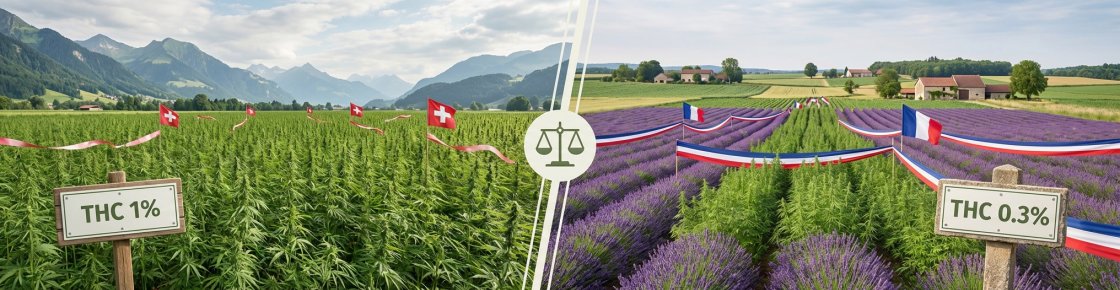 Comparaison réglementation CBD entre la Suisse et la France avec drapeaux et taux de THC