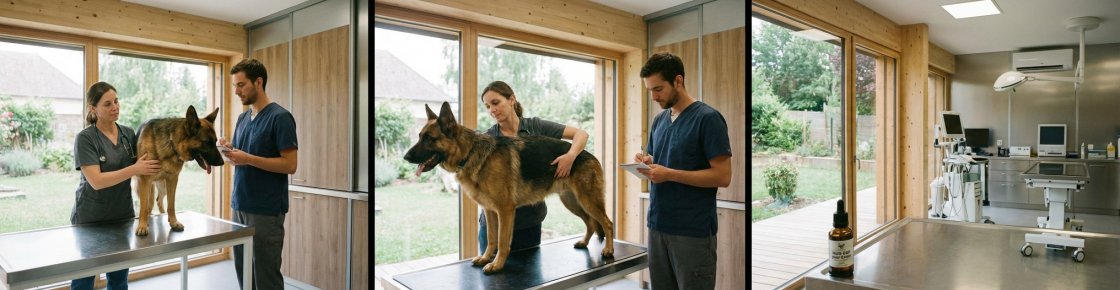 Vétérinaire examinant un chien, précautions d'utilisation du CBD pour chien