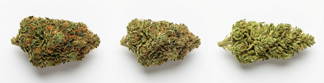 Trois têtes de fleurs CBD Indica hybride et Sativa comparées côte à côte — différence indica sativa