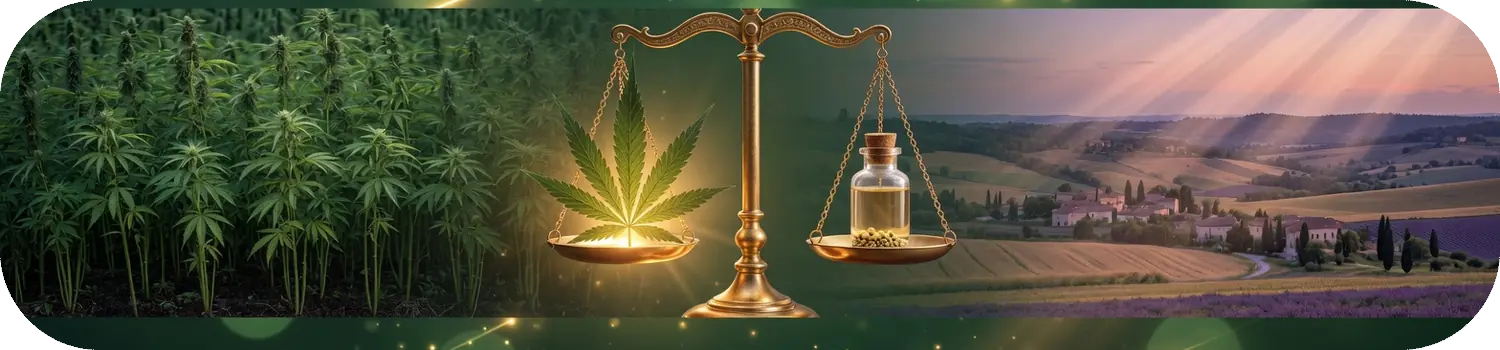 Champ de chanvre et balance de la justice : la loi sur le CBD en France Champ de chanvre et balance de la justice : la loi sur le CBD en France