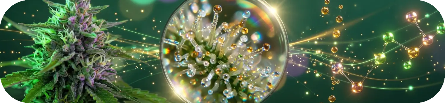 Fleur de chanvre et loupe sur ses trichomes, là où se forme le CBD Fleur de chanvre et loupe sur ses trichomes, là où se forme le CBD