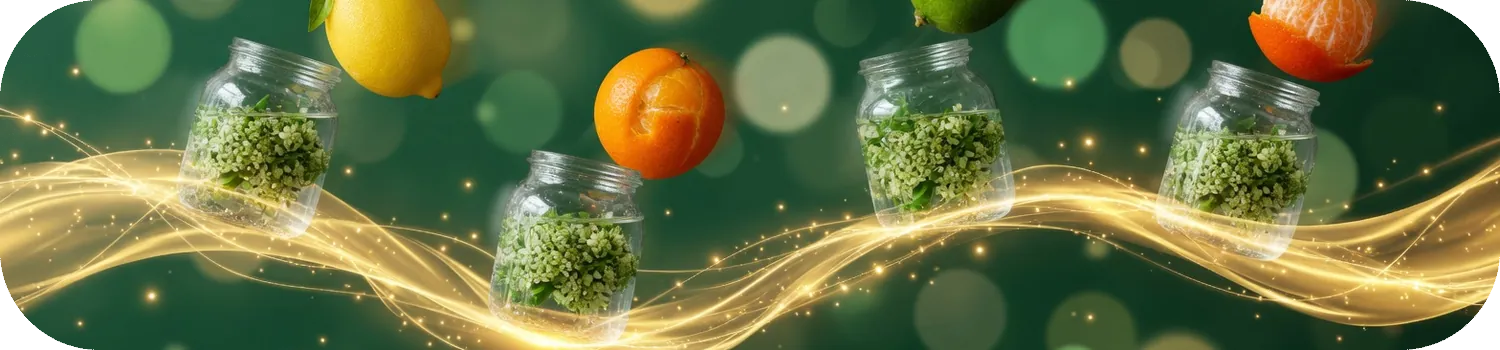 Bocaux de fleurs de CBD accompagnés d'un citron, d'une orange, d'un citron vert et d'une mandarine