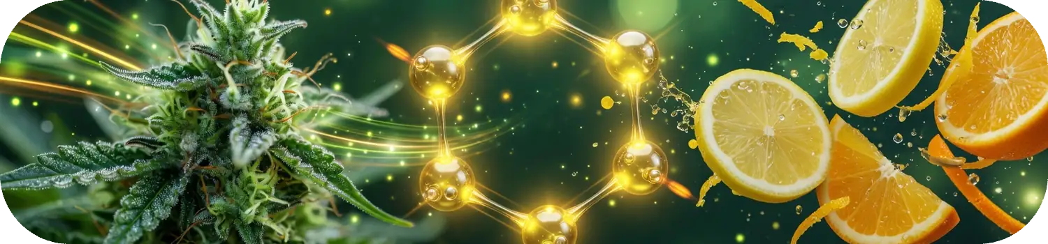 Fleur de chanvre, molécule de limonène et tranches de citron et d'orange