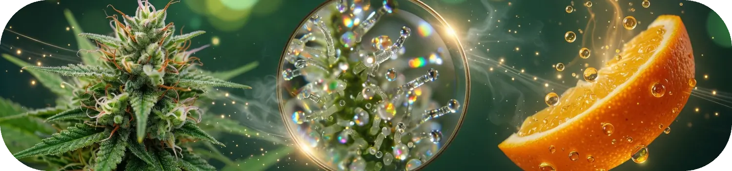Loupe sur les trichomes d'une fleur de chanvre et zeste d'orange libérant ses huiles aromatiques