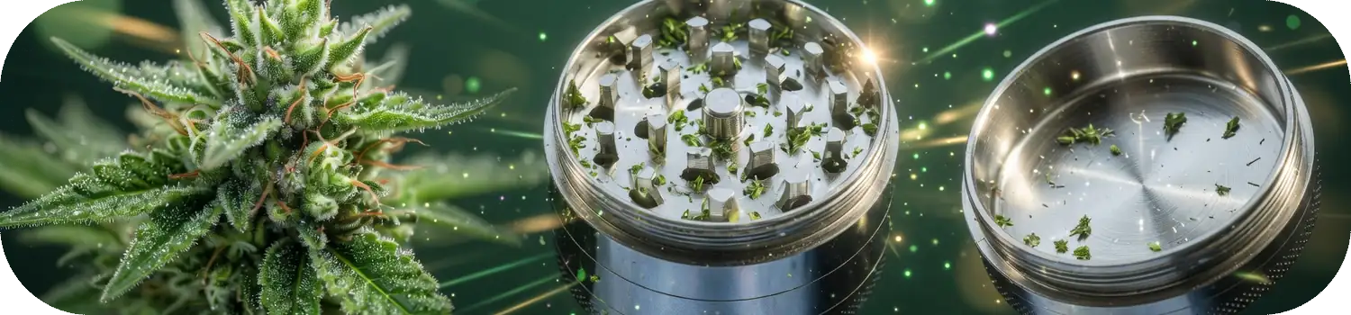 Grinder en métal ouvert à côté d'une fleur de chanvre, sur fond vert