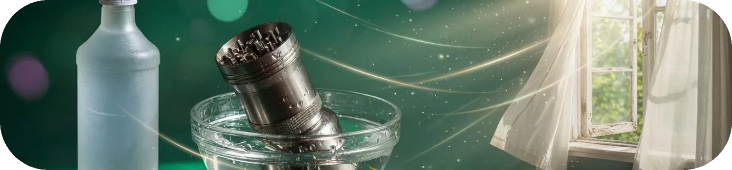 Flacon d'alcool isopropylique et grinder métallique, loin de toute flamme