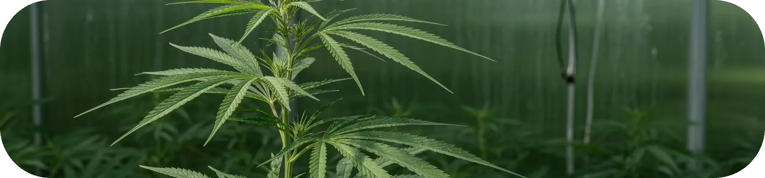 Plant de chanvre haut aux feuilles étroites, type sativa, sous serre Plant de chanvre haut aux feuilles étroites, type sativa, sous serre