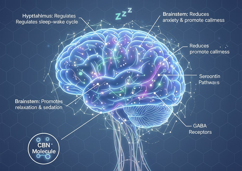 Comment le CBN agit sur le cerveau - CBD'eau Schéma des effets du CBN sur le cerveau et le système nerveux pour le sommeil